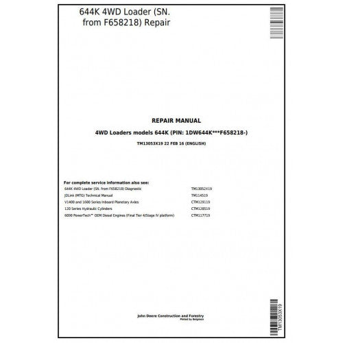 John Deere 644K 4WD Loader Pdf Repair Service Technical Manual TM13053X19