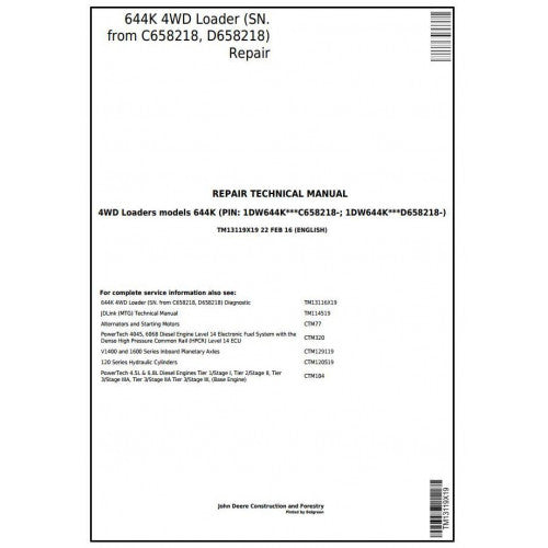 John Deere 644K 4WD Loader Pdf Repair Service Technical Manual TM13119X19