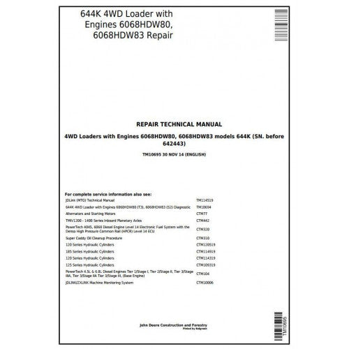 John Deere 644K 4WD Loader Service Repair Technical Manual Pdf TM10695