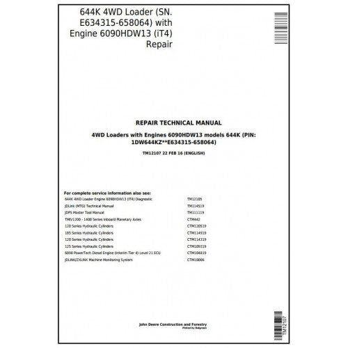 John Deere 644K 4WD Loader Service Repair Technical Manual Pdf TM12107