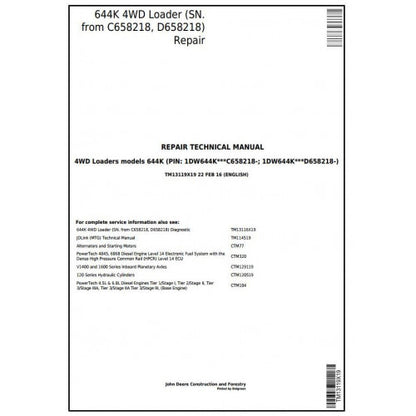 John Deere 644K 4WD Loader Service Repair Technical Manual Pdf TM13119X19 2