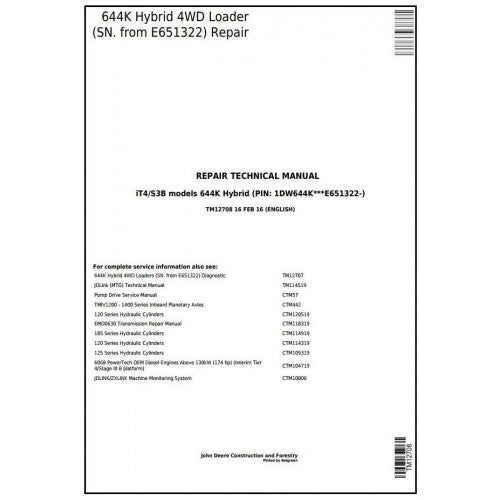 John Deere 644K Hybrid 4WD Loader Pdf Repair Service Technical Manual TM12708