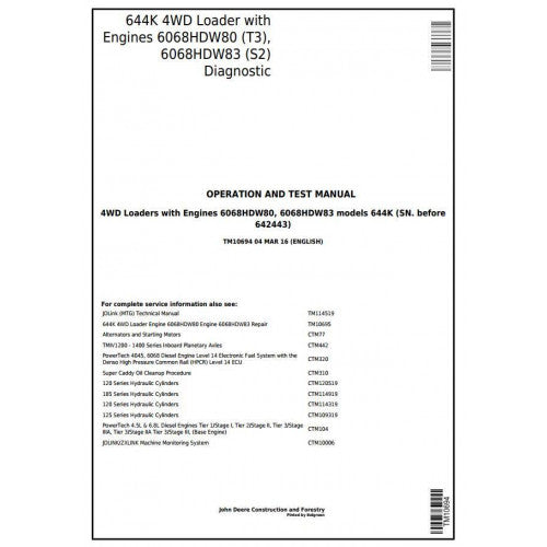 John Deere 644K Loader Diagnostic, Operation and Tests Service Manual Pdf - TM10694