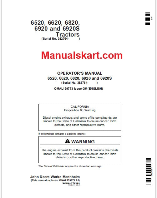 John Deere 6520, 6620, 6820, 6920 and 6920S Tractors Pdf Operator's Manual OMAL159773