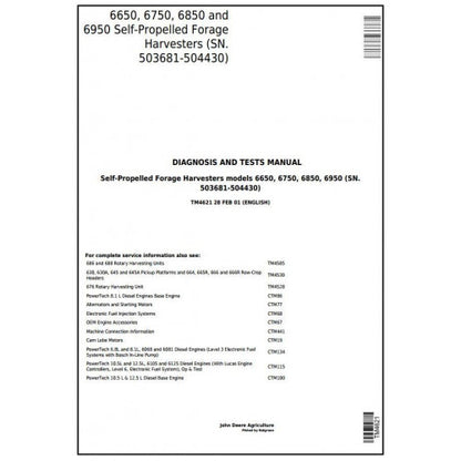 John Deere 6650, 6750, 6850, 6950 Forage Harvesters Diagnostic and Test Manual Pdf - TM4621