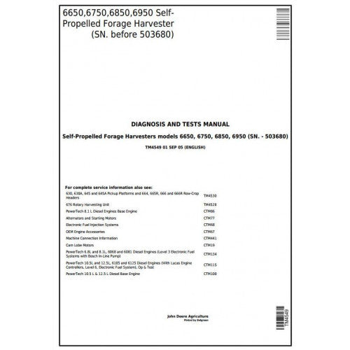 John Deere 6650, 6750, 6850, 6950 Self-Propelled Forage Harvester Diagnostic and Test Manual Pdf - TM4549