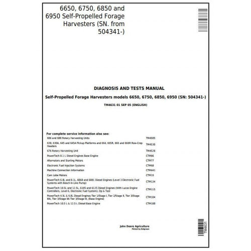 John Deere 6650, 6750, 6850, 6950 Self-Propelled Forage Harvester Diagnostic and Test Manual Pdf - TM4631