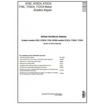 John Deere 670C, 670CH, 672CH, 770C, 770CH, 772CH Motor Grader Pdf Repair Service Technical Manual TM1607