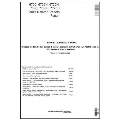 John Deere 670C, 670CH, 672CH, 770C, 770CH, 772CH SERIES II Motor Grader Service Repair Technical Manual Pdf TM1915 2