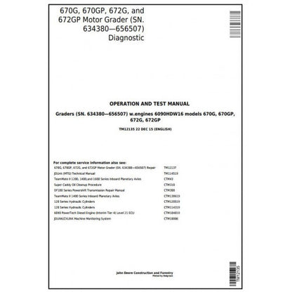 John Deere 670G, 670GP, 672G, 672GP Motor Grader Diagnostic, Operation and Tests Service Manual Pdf - TM12135