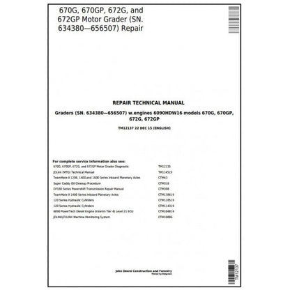 John Deere 670G, 670GP, 672G, 672GP Motor Grader Pdf Repair Service Technical Manual TM12137