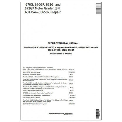 John Deere 670G, 670GP, 672G, 672GP Motor Grader Pdf Repair Service Technical Manual TM12138