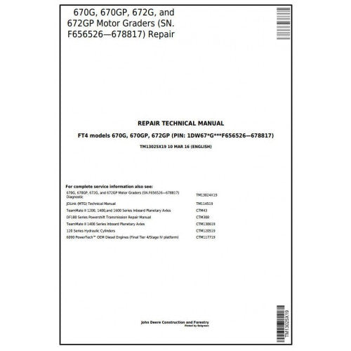 John Deere 670G, 670GP, 672G, 672GP Motor Grader Pdf Repair Service Technical Manual TM13025X19