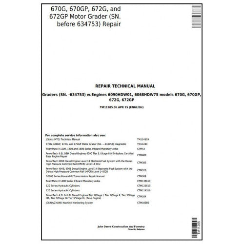 John Deere 670G, 670GP, 672G, 672GP Motor Grader Service Repair Technical Manual Pdf TM11205 2