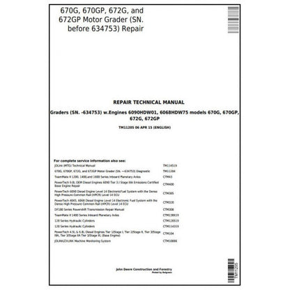 John Deere 670G, 670GP, 672G, 672GP Motor Grader Service Repair Technical Manual Pdf TM11205 2