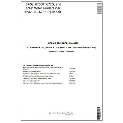 John Deere 670G, 670GP, 672G, 672GP Motor Grader Service Repair Technical Manual Pdf TM13025X19