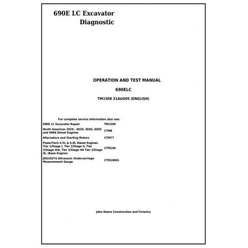 John Deere 690E LC Excavator Diagnostic, Operation and Tests Service Manual Pdf - TM1508