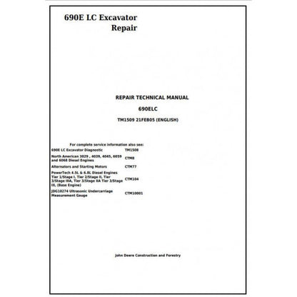 John Deere 690E LC Excavator Pdf Repair Service Technical Manual TM1509