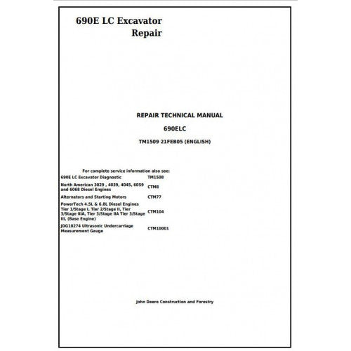 John Deere 690E LC Excavator Service Repair Technical Manual Pdf TM1509