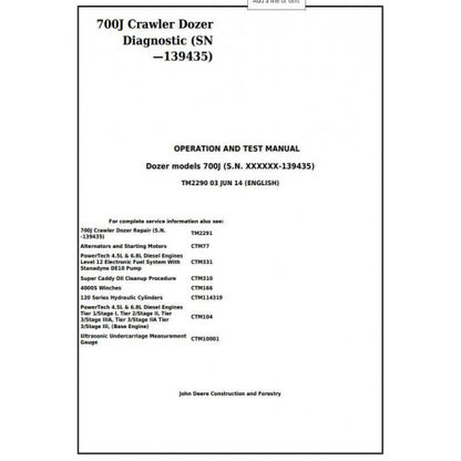 John Deere 700J Crawler Dozer Diagnostic, Operation and Tests Service Manual Pdf - TM2290