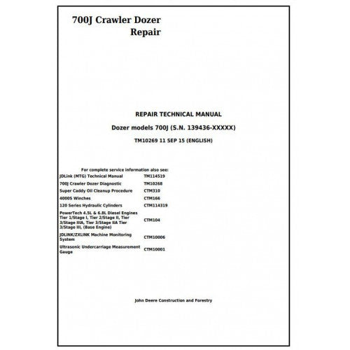 John Deere 700J Crawler Dozer Pdf Repair Service Technical Manual TM10269