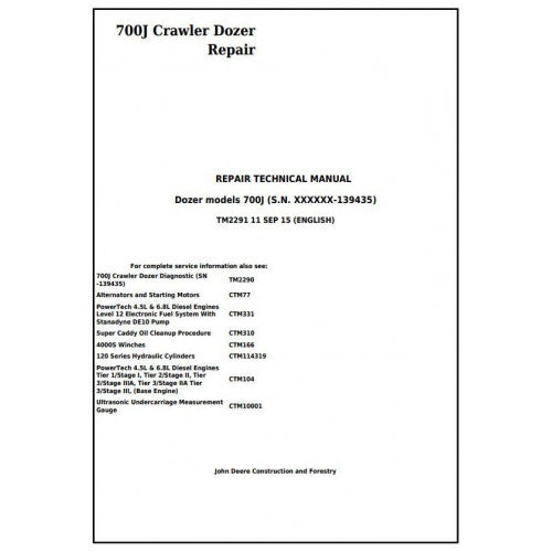 John Deere 700J Crawler Dozer Pdf Repair Service Technical Manual TM2291