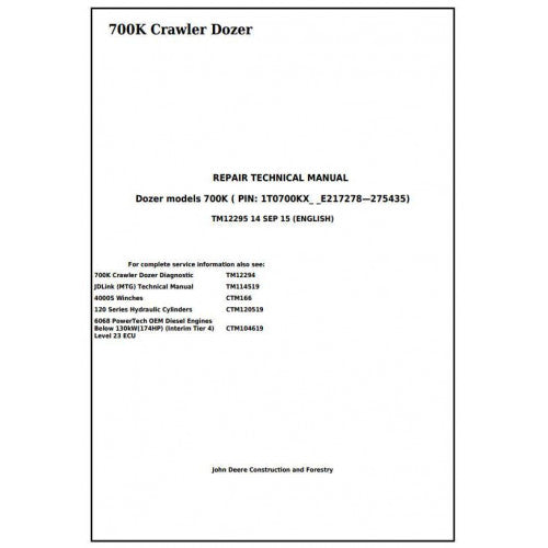 John Deere 700K Crawler Dozer Pdf Repair Service Technical Manual TM12295