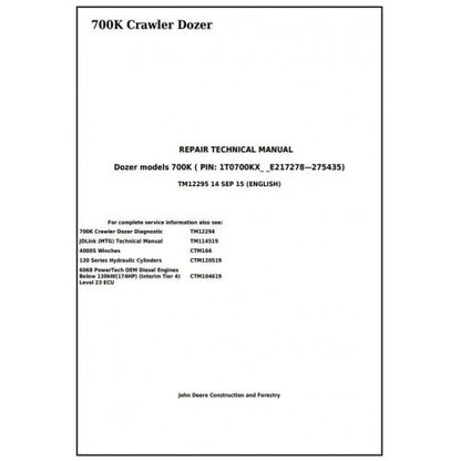 John Deere 700K Crawler Dozer Pdf Repair Service Technical Manual TM12295