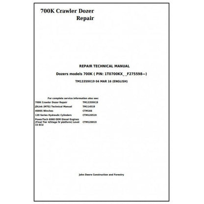 John Deere 700K Crawler Dozer Pdf Repair Service Technical Manual TM13359X19