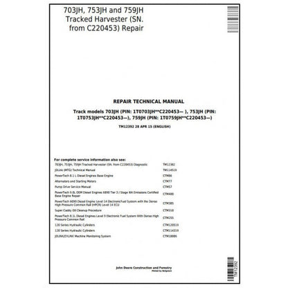 John Deere 703JH, 753JH, 759JH Tracked Harvester Pdf Repair Service Technical Manual TM12392