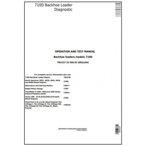 John Deere 710D Backhoe Loader Diagnostic, Operation and Tests Service Manual Pdf - TM1537