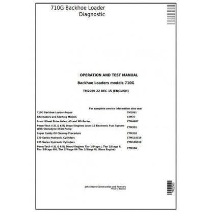 John Deere 710G Backhoe Loader Diagnostic, Operation and Tests Service Manual Pdf - TM2060