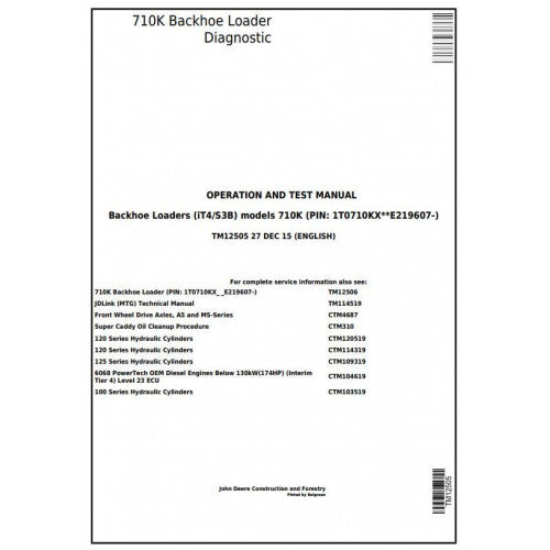 John Deere 710K (IT4/S3B) Backhoe Loader Diagnostic, Operation and Tests Service Manual Pdf - TM12505