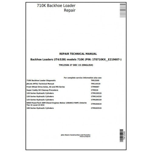 John Deere 710K (IT4/S3B) Backhoe Loader Pdf Repair Service Technical Manual TM12506