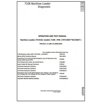 John Deere 710K (T3/S3A) Backhoe Loader Diagnostic, Operation and Tests Service Manual Pdf - TM12511