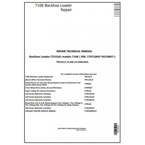 John Deere 710K (T3/S3A) Backhoe Loader Pdf Repair Service Technical Manual TM12512