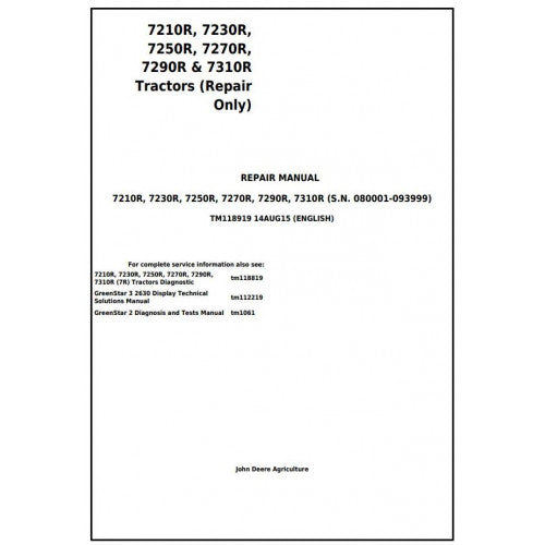 John Deere 7210R, 7230R, 7250R, 7270R, 7290R & 7310R Tractor Service Repair Technical Manual Pdf - TM118919