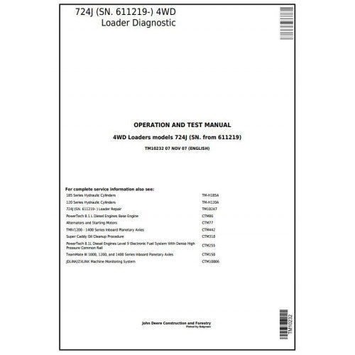 John Deere 724J 4WD Loader Diagnostic, Operation and Tests Service Manual Pdf - TM10232