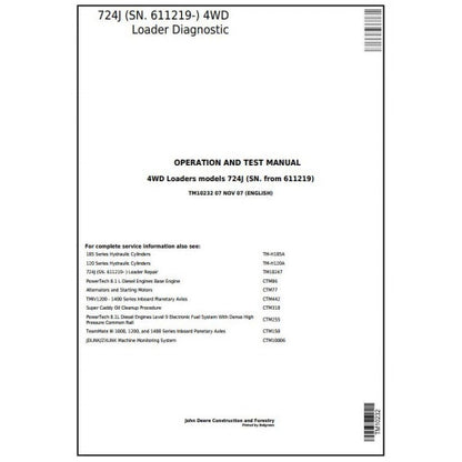 John Deere 724J 4WD Loader Diagnostic, Operation and Tests Service Manual Pdf - TM10232