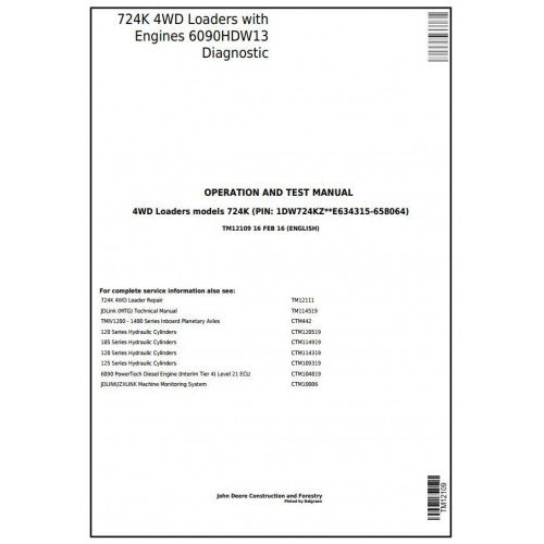 John Deere 724K 4WD Loader Diagnostic, Operation and Tests Service Manual Pdf - TM12109