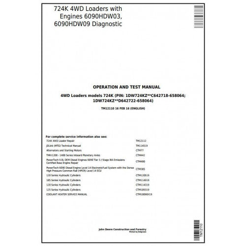 John Deere 724K 4WD Loader Diagnostic, Operation and Tests Service Manual Pdf - TM12110