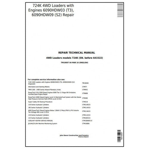 John Deere 724K 4WD Loader Pdf Repair Service Technical Manual TM10697