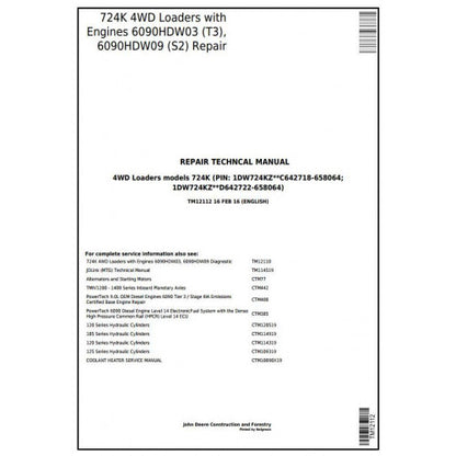 John Deere 724K 4WD Loader Pdf Repair Service Technical Manual TM12112