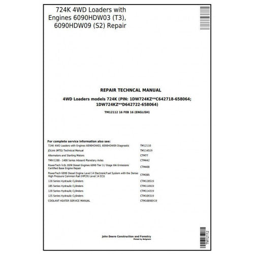 John Deere 724K 4WD Loader Pdf Repair Service Technical Manual TM12112