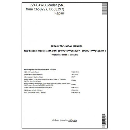 John Deere 724K 4WD Loader Pdf Repair Service Technical Manual TM13120X19