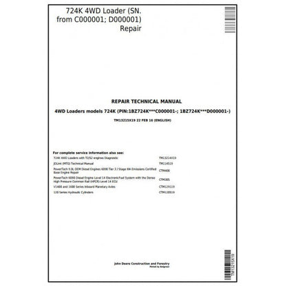 John Deere 724K 4WD Loader Pdf Repair Service Technical Manual TM13215X19