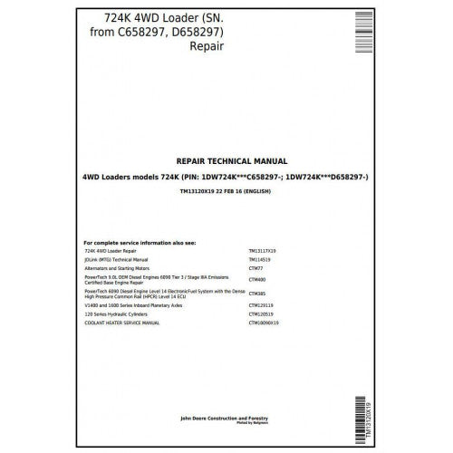 John Deere 724K 4WD Loader Service Repair Technical Manual Pdf TM13120X19