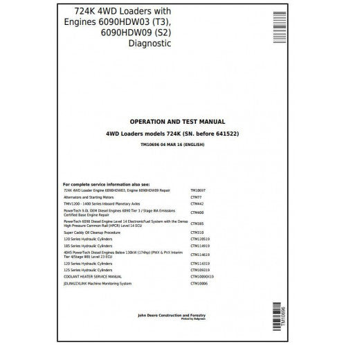 John Deere 724K Loader Diagnostic, Operation and Tests Service Manual Pdf - TM10696