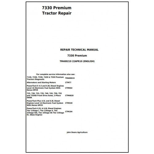 John Deere 7330 Premium 2WD OR MFWD Tractor Service Repair Technical Manual Pdf - TM400219