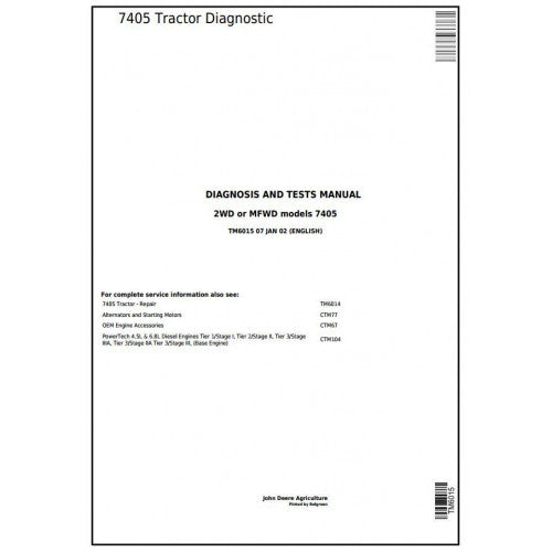 John Deere 7405 2WD OR MFWD Tractor Diagnostic and Tests Service Manual Pdf - TM6015